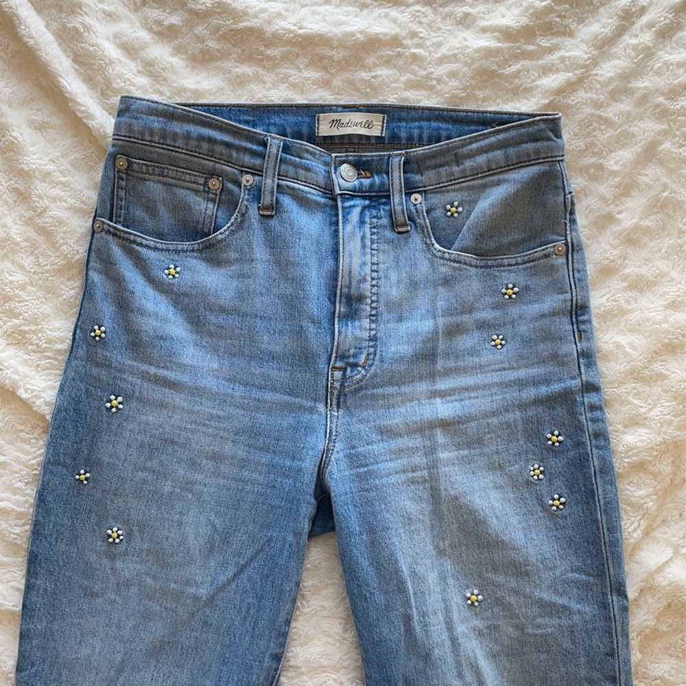 Madewell Light Blue Denim Jeans with Small Daisy Embroidery
